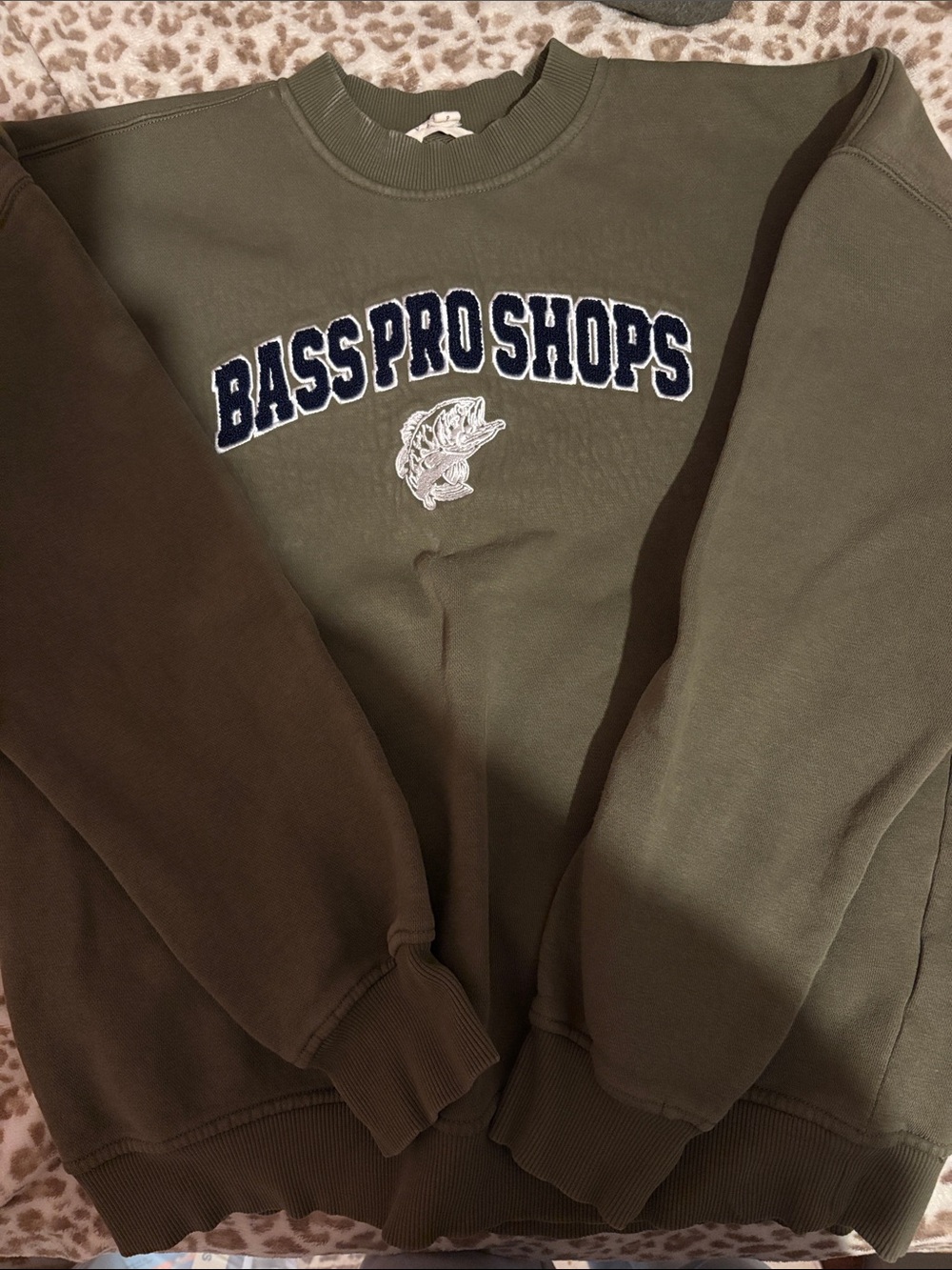 Bass Pro Shops Olive Green Crewneck Sweatshirt with Navy Logo